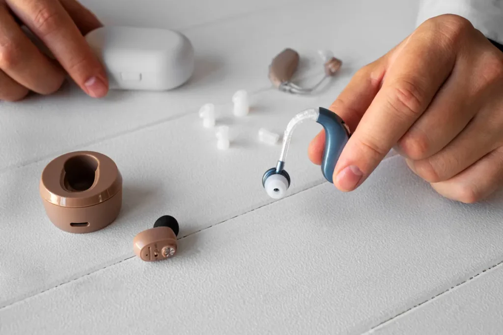 hand holding hearing aids بررسی جامع خرابی سمعک ؛ دلایل، راهکارها و پیشگیری پیشگیری از خرابی سمعک