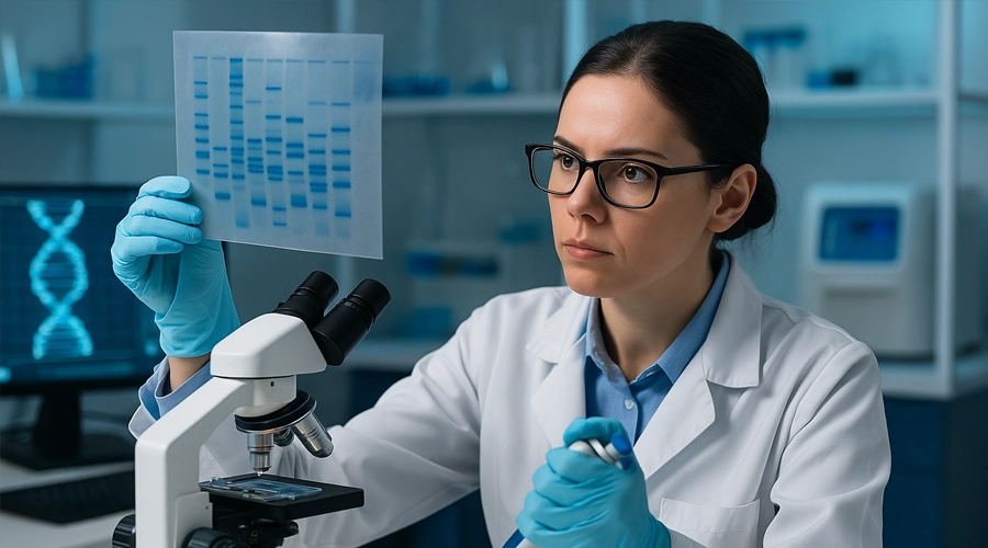 DNA برای شناسایی کم شنوایی نقش ژنتیک در کم شنوایی و ناشنوایی پزشک ژنتیک در حال بررسی نمونه DNA برای شنوایی